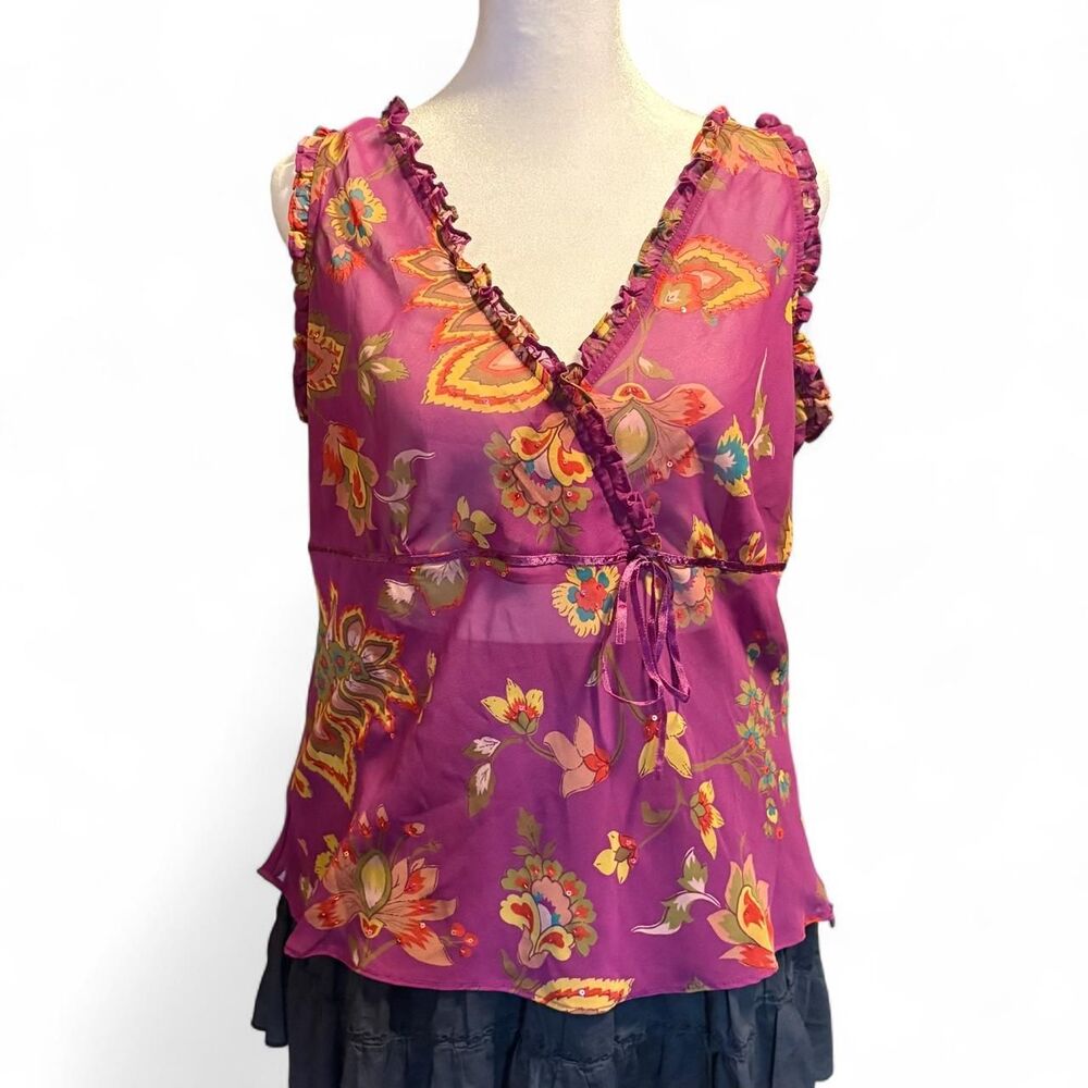 Bandolino Purple Floral Sleeveless Top Sz 12 Fairy Cottagecore Sequin Tank Wrap